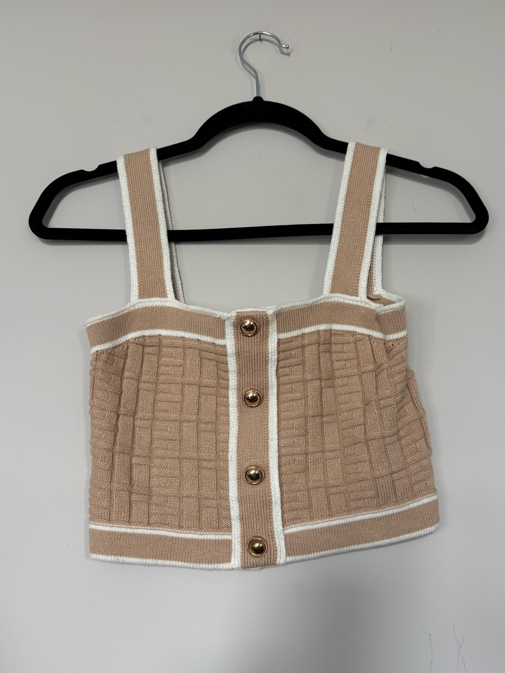 SHEIN Sweater Knit Light Brown Cropped Tank Top Size M Textured Button Detail